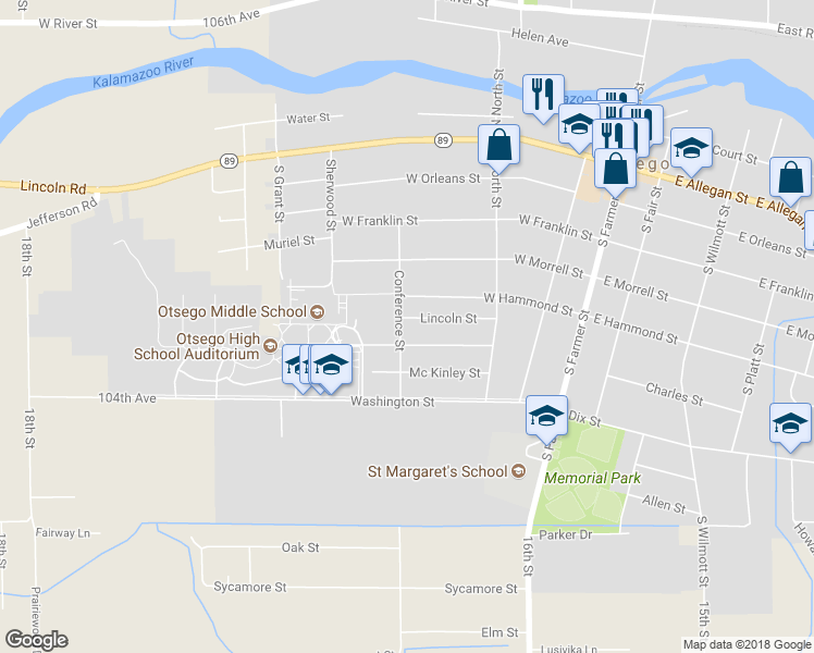 map of restaurants, bars, coffee shops, grocery stores, and more near 367 Lincoln Street in Otsego