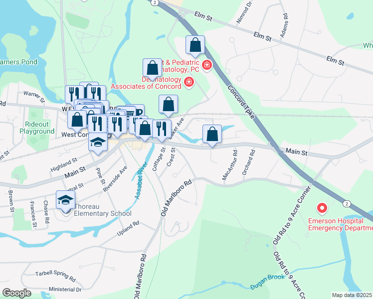 map of restaurants, bars, coffee shops, grocery stores, and more near 1079 Main Street in Concord
