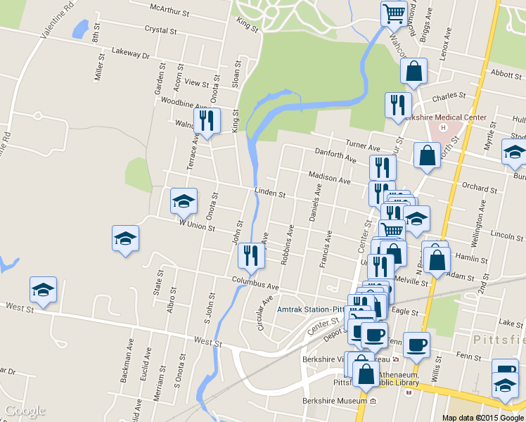 map of restaurants, bars, coffee shops, grocery stores, and more near 193 Dewey Avenue in Pittsfield