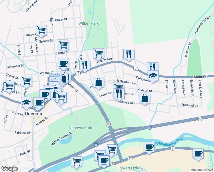 map of restaurants, bars, coffee shops, grocery stores, and more near 7 Hickory Street in Oneonta