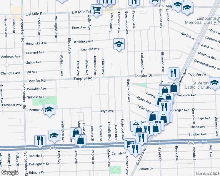 map of restaurants, bars, coffee shops, grocery stores, and more near 21328 La Salle Boulevard in Warren
