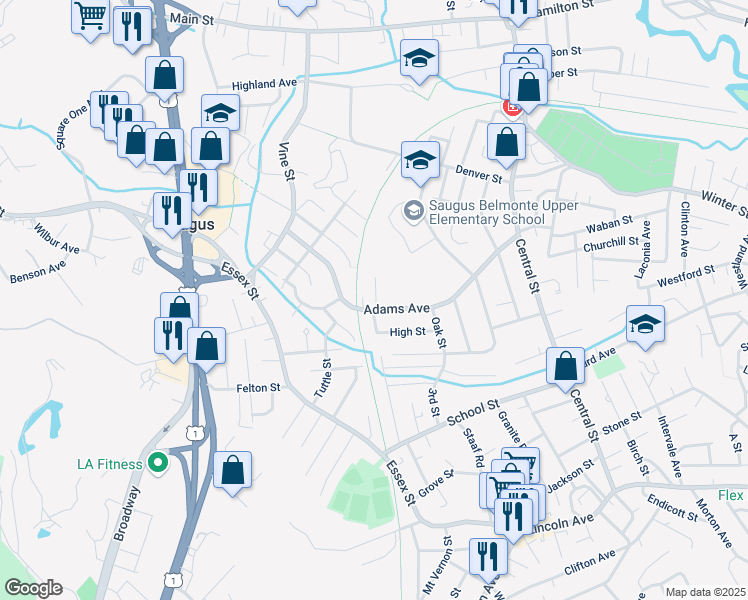 map of restaurants, bars, coffee shops, grocery stores, and more near 8 Austin Court in Saugus
