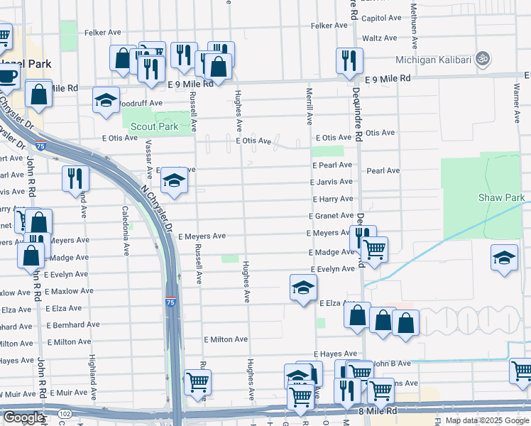 map of restaurants, bars, coffee shops, grocery stores, and more near 1463 East Granet Avenue in Hazel Park