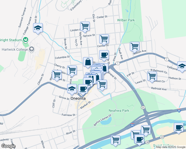 map of restaurants, bars, coffee shops, grocery stores, and more near 12 Ford Avenue in Oneonta