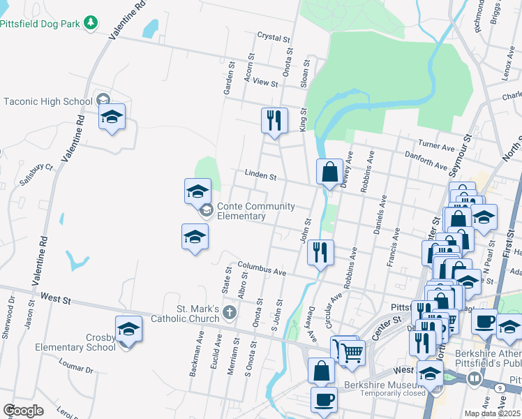map of restaurants, bars, coffee shops, grocery stores, and more near 26 Indian Street in Pittsfield