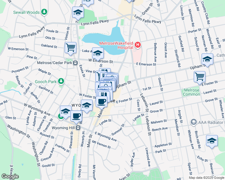 map of restaurants, bars, coffee shops, grocery stores, and more near 17 Upham Street in Melrose