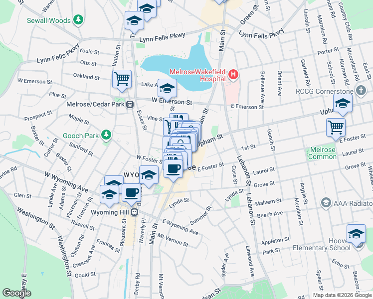 map of restaurants, bars, coffee shops, grocery stores, and more near 18 Essex Street in Melrose