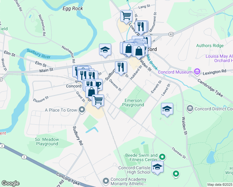 map of restaurants, bars, coffee shops, grocery stores, and more near 146 Hubbard Street in Concord