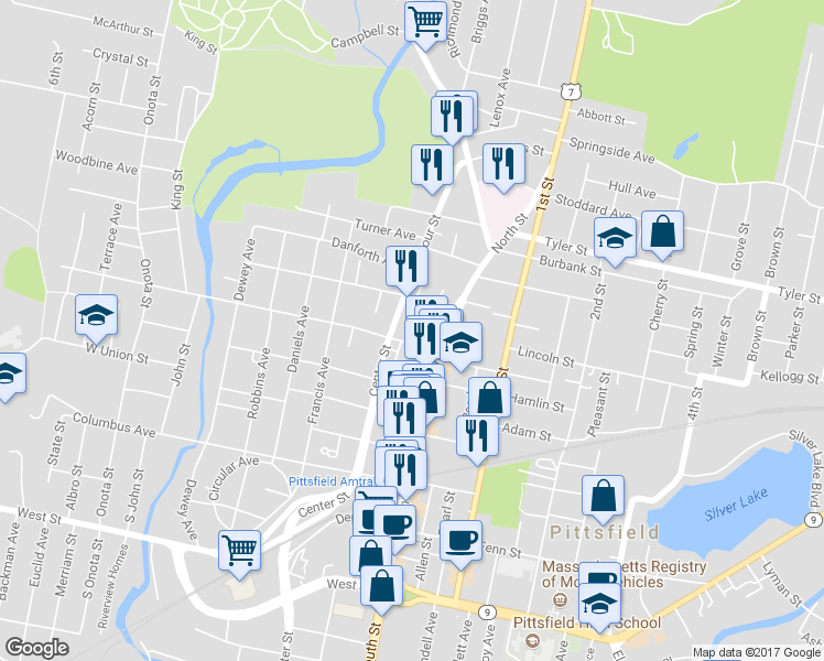 map of restaurants, bars, coffee shops, grocery stores, and more near 18 Linden Street in Pittsfield