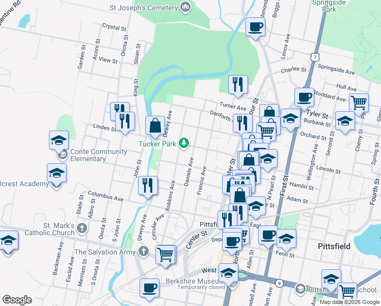 map of restaurants, bars, coffee shops, grocery stores, and more near 106 Daniels Avenue in Pittsfield