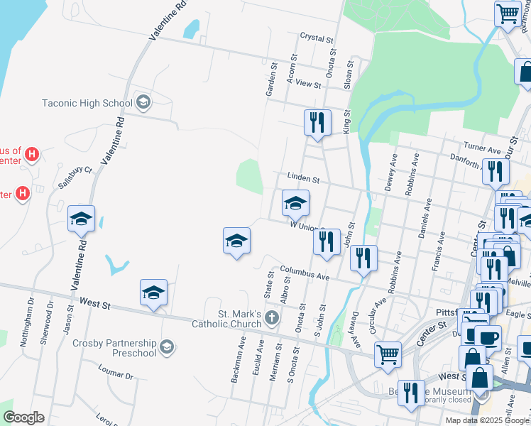 map of restaurants, bars, coffee shops, grocery stores, and more near 24 South Atlantic Avenue in Pittsfield