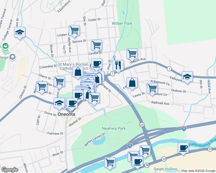 map of restaurants, bars, coffee shops, grocery stores, and more near Leslie Foster Highway in Oneonta
