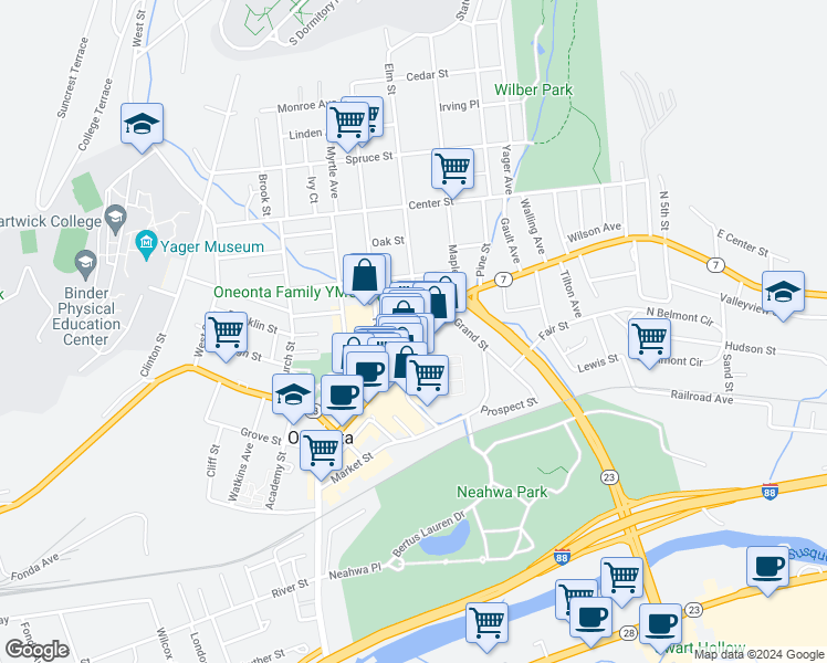 map of restaurants, bars, coffee shops, grocery stores, and more near 6 Elm Street in Oneonta
