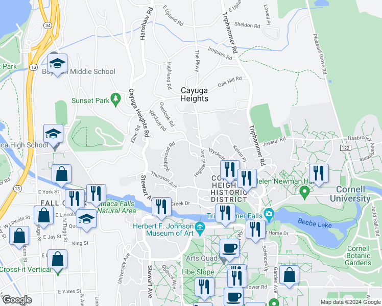 map of restaurants, bars, coffee shops, grocery stores, and more near 121 Westbourne Lane in Ithaca