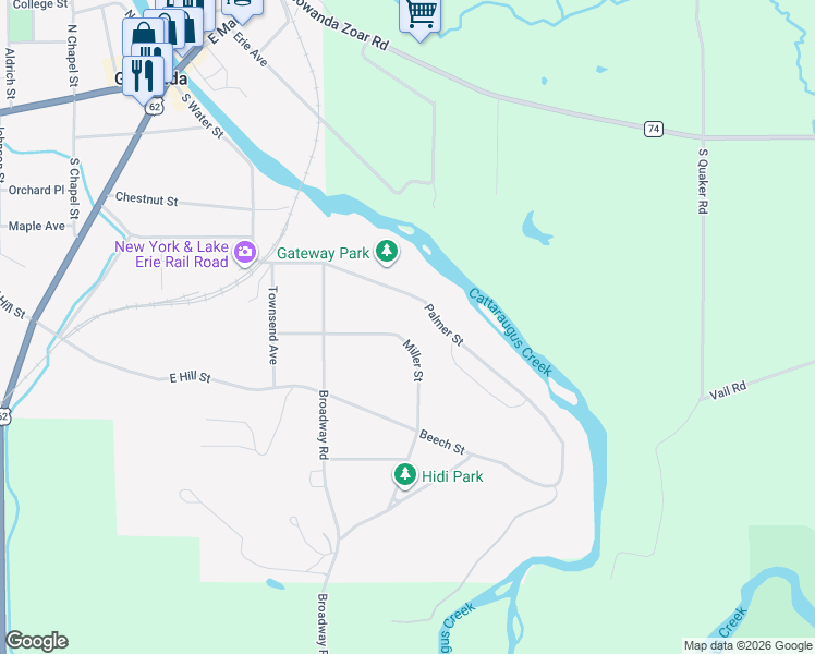 map of restaurants, bars, coffee shops, grocery stores, and more near 100 Miller Street in Gowanda