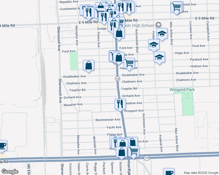map of restaurants, bars, coffee shops, grocery stores, and more near 7536 Chalmers Avenue in Warren