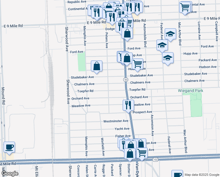 map of restaurants, bars, coffee shops, grocery stores, and more near 7536 Chalmers Avenue in Warren