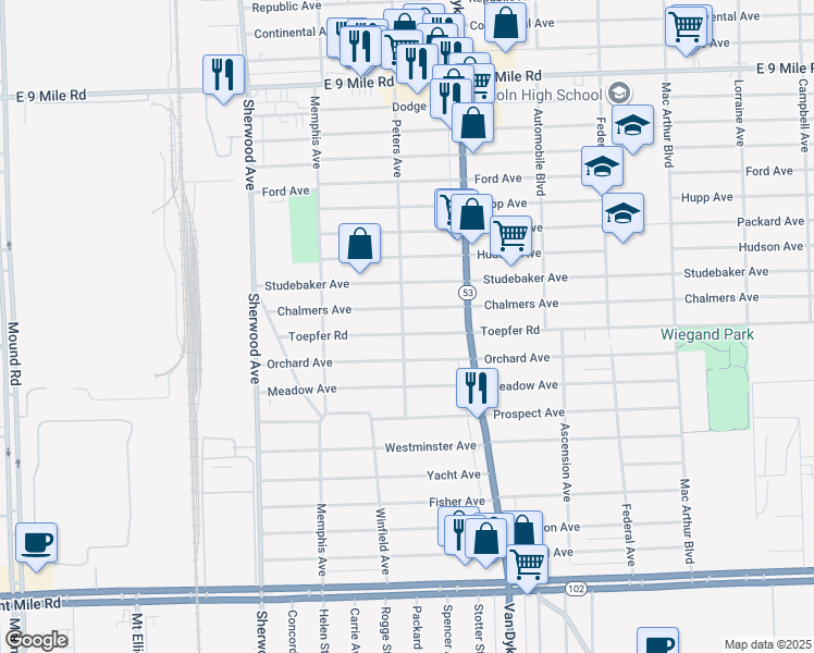 map of restaurants, bars, coffee shops, grocery stores, and more near 7251 Toepfer Road in Warren