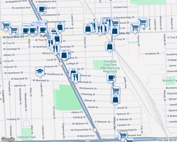 map of restaurants, bars, coffee shops, grocery stores, and more near 318 University Street in Ferndale