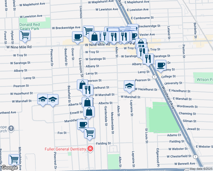 map of restaurants, bars, coffee shops, grocery stores, and more near 554 West Hazelhurst Street in Ferndale