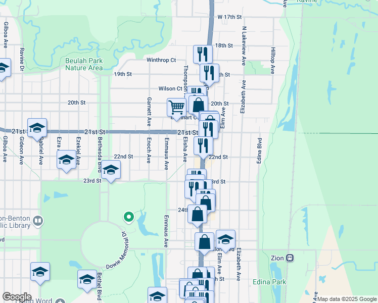 map of restaurants, bars, coffee shops, grocery stores, and more near 2117 Elisha Avenue in Zion