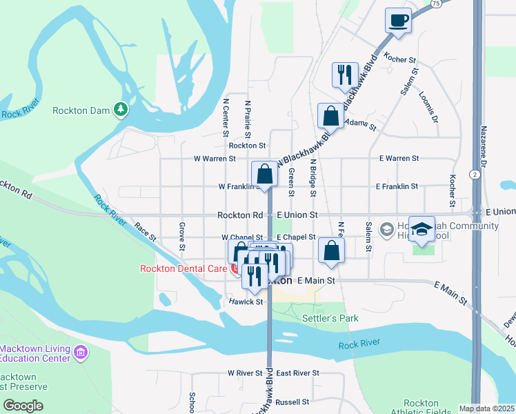 map of restaurants, bars, coffee shops, grocery stores, and more near 410 North Blackhawk Boulevard in Rockton