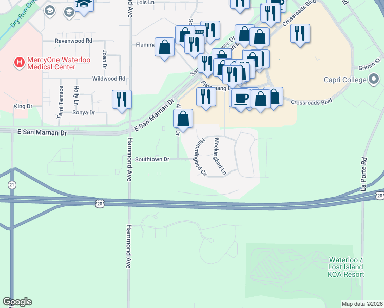 map of restaurants, bars, coffee shops, grocery stores, and more near 1319 Pintail Drive in Waterloo