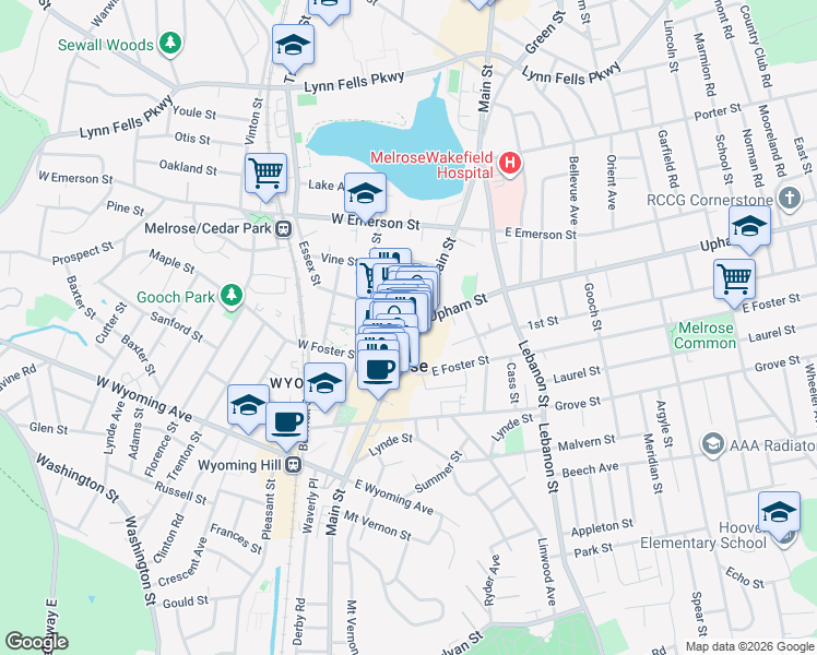 map of restaurants, bars, coffee shops, grocery stores, and more near 18 Essex Street in Melrose