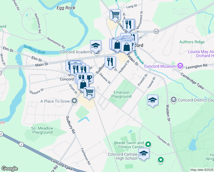map of restaurants, bars, coffee shops, grocery stores, and more near 146 Hubbard Street in Concord