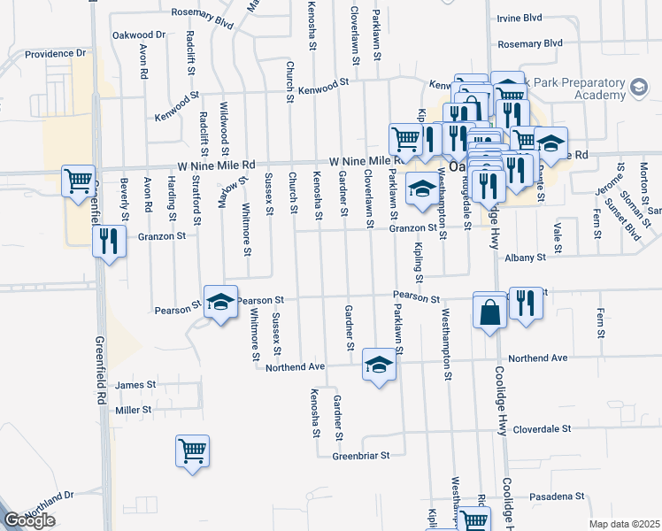 map of restaurants, bars, coffee shops, grocery stores, and more near 21870 Kenosha Street in Oak Park