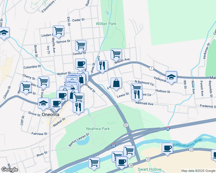 map of restaurants, bars, coffee shops, grocery stores, and more near 17 Fair Street in Oneonta