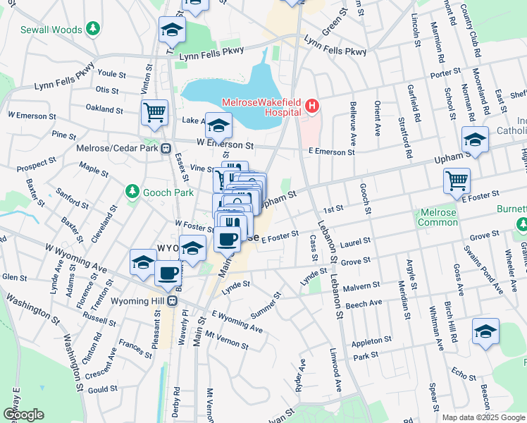 map of restaurants, bars, coffee shops, grocery stores, and more near 17 Upham Street in Melrose