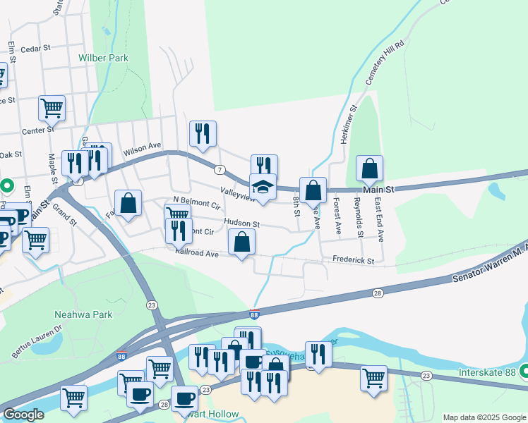 map of restaurants, bars, coffee shops, grocery stores, and more near 40 Valleyview Street in Oneonta