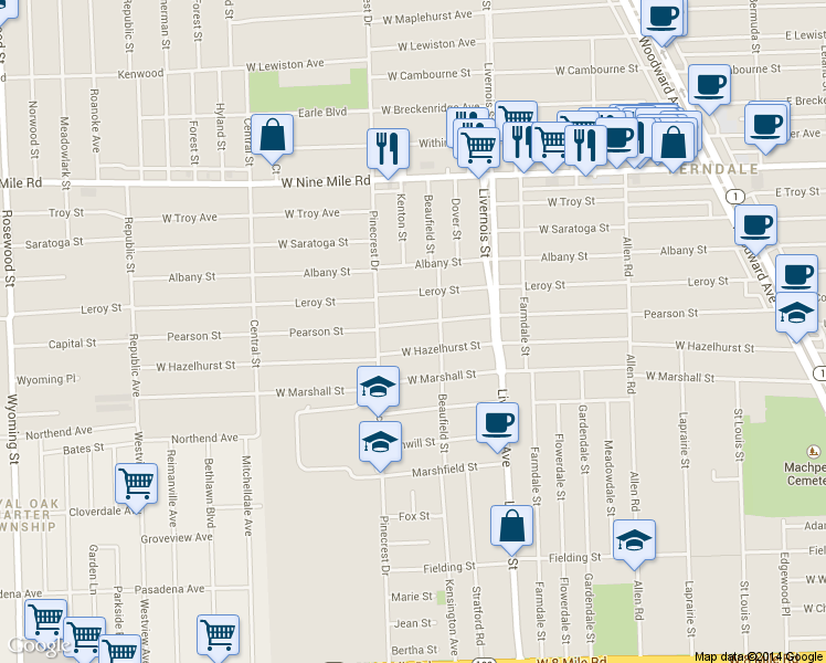 map of restaurants, bars, coffee shops, grocery stores, and more near 1061 Pearson Street in Ferndale