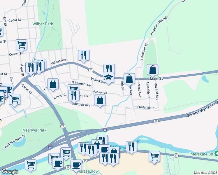 map of restaurants, bars, coffee shops, grocery stores, and more near 40 Valleyview Street in Oneonta