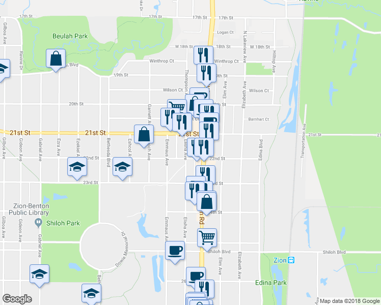 map of restaurants, bars, coffee shops, grocery stores, and more near 2117 Elisha Avenue in Zion