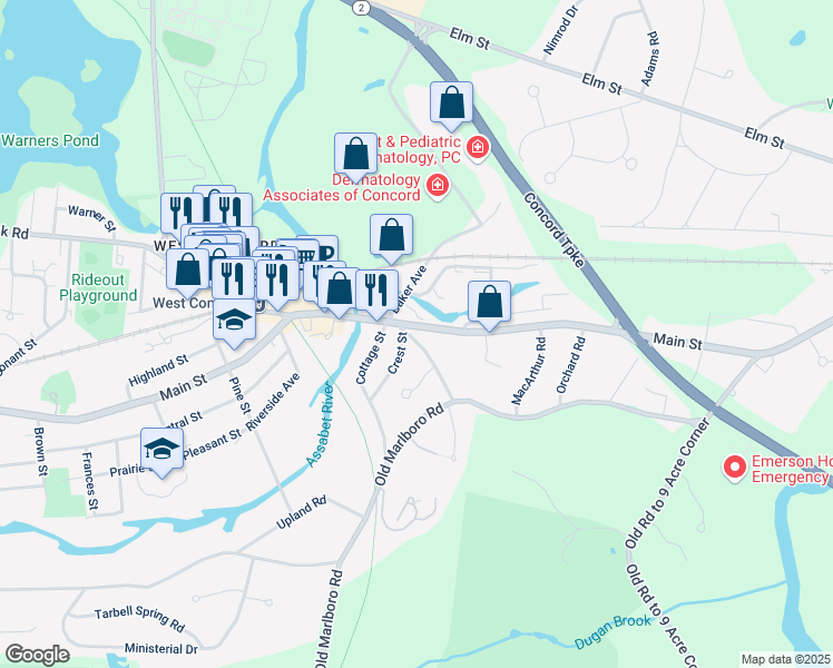 map of restaurants, bars, coffee shops, grocery stores, and more near 21 Old Bridge Road in Concord