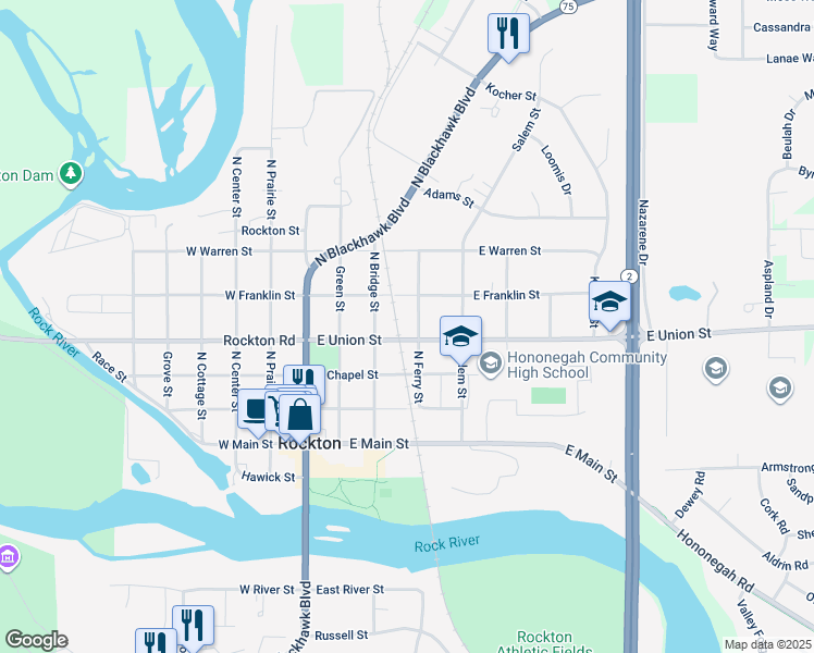 map of restaurants, bars, coffee shops, grocery stores, and more near 329 East Union Street in Rockton
