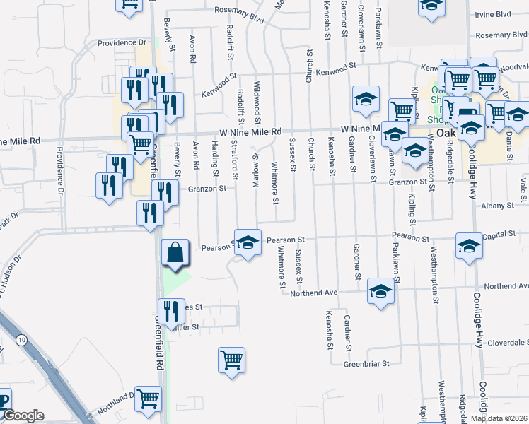 map of restaurants, bars, coffee shops, grocery stores, and more near 21880 Marlow Street in Oak Park