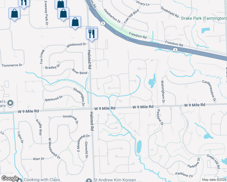 map of restaurants, bars, coffee shops, grocery stores, and more near 36967 Carla Court in Farmington Hills