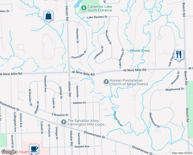 map of restaurants, bars, coffee shops, grocery stores, and more near 27095 West Nine Mile Road in Southfield