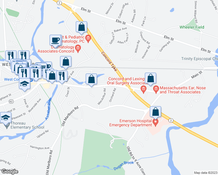 map of restaurants, bars, coffee shops, grocery stores, and more near 949 Main Street in Concord