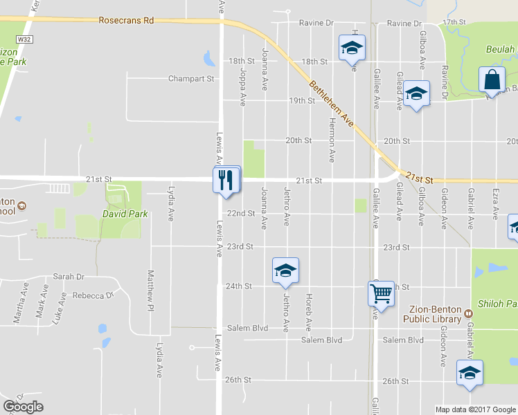 map of restaurants, bars, coffee shops, grocery stores, and more near 2116 Joanna Avenue in Zion