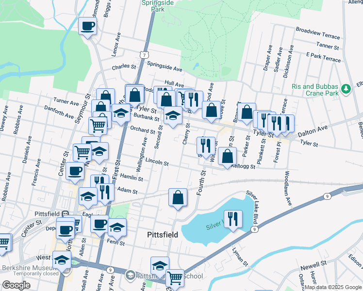 map of restaurants, bars, coffee shops, grocery stores, and more near 67 Cherry Street in Pittsfield