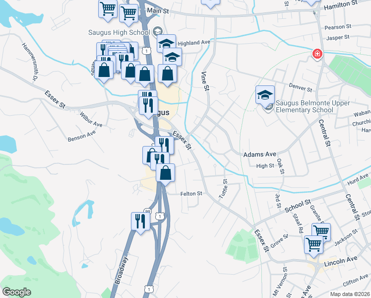 map of restaurants, bars, coffee shops, grocery stores, and more near 13 Cherry Street in Saugus