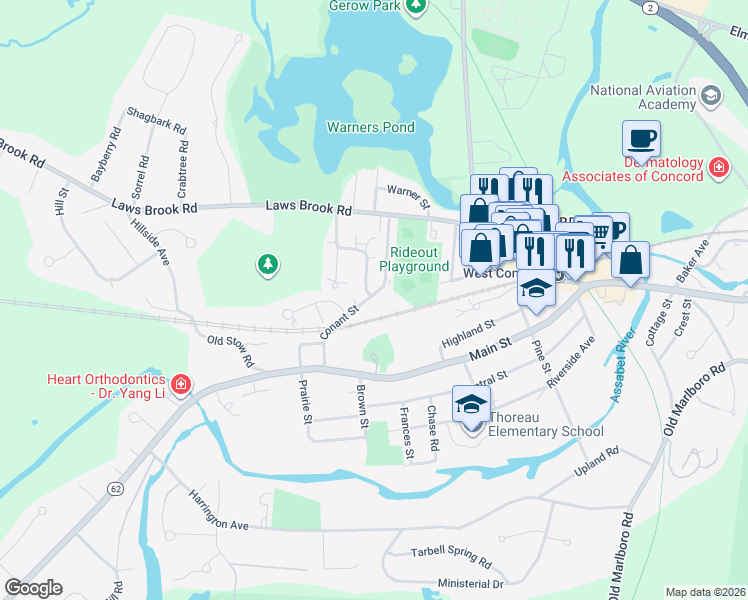 map of restaurants, bars, coffee shops, grocery stores, and more near 96 Conant Street in Concord