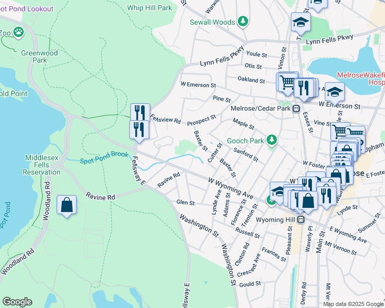 map of restaurants, bars, coffee shops, grocery stores, and more near 30 Ravine Terrace in Melrose