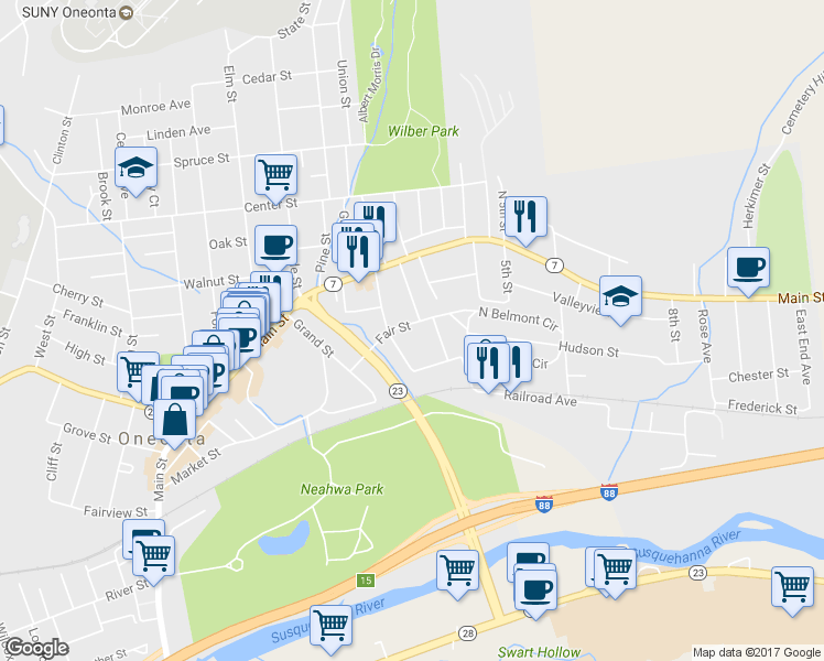 map of restaurants, bars, coffee shops, grocery stores, and more near 28 Fair Street in Oneonta