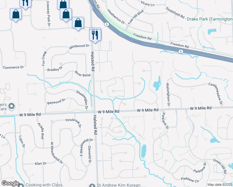map of restaurants, bars, coffee shops, grocery stores, and more near 36967 Carla Court in Farmington Hills