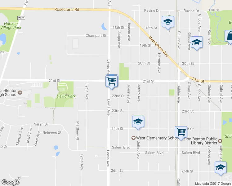 map of restaurants, bars, coffee shops, grocery stores, and more near 2116 Joppa Avenue in Zion